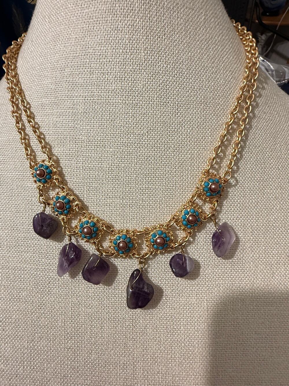 Vintage Gold Tone Genuine Amethyst Necklace
